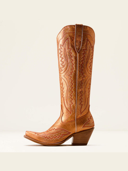Western Embroidery Tall Snip-Toe Half-Zip Knee High Cowgirl Boots - Metallic Rose Gold