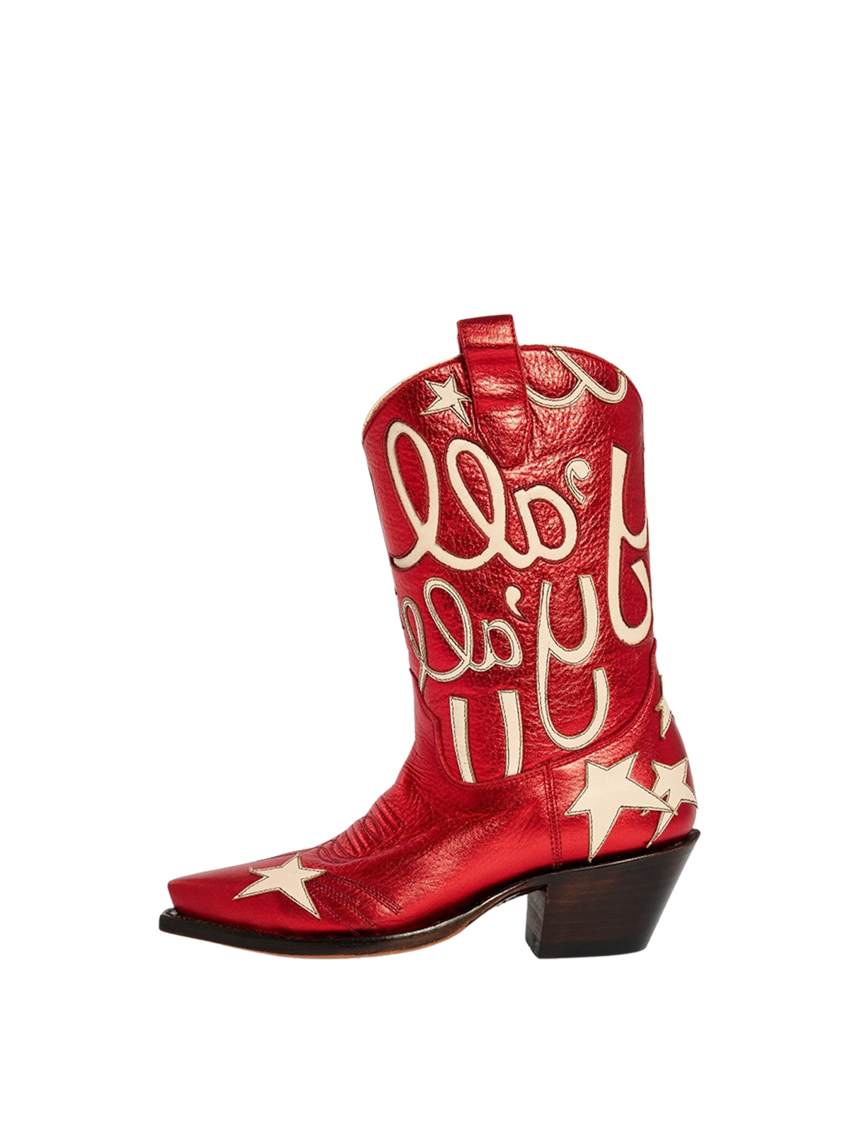 Metallic Red Snip-Toe Star And Letters Inlay Applique Mid Calf Cowgirl Boots