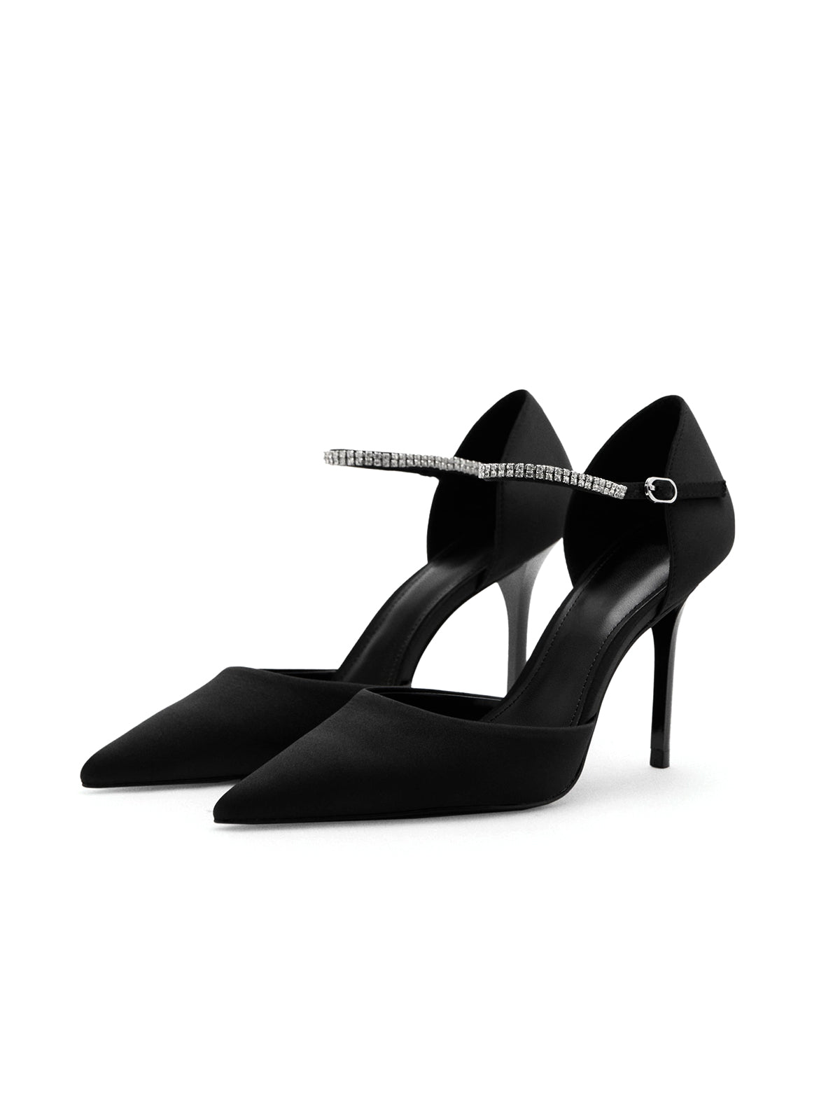 Black Satin Pointed-Toe Rhinestones Strappy Ankle Strap High Heels