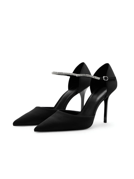 Black Satin Pointed-Toe Rhinestones Strappy Ankle Strap High Heels