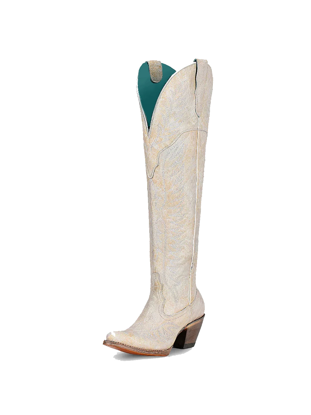 Almond-Toe Classic Embroidery Half-Zip Over-The-Knee Cowgirl Boots - White