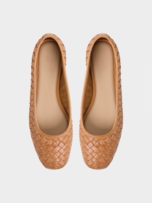 Brown Woven Vegan Leather Square-Toe Simple And Classic Ballet Flats