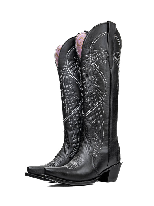 Black Snip-Toe Half-Zip Embroidery Knee High Tall Cowgirl Boots