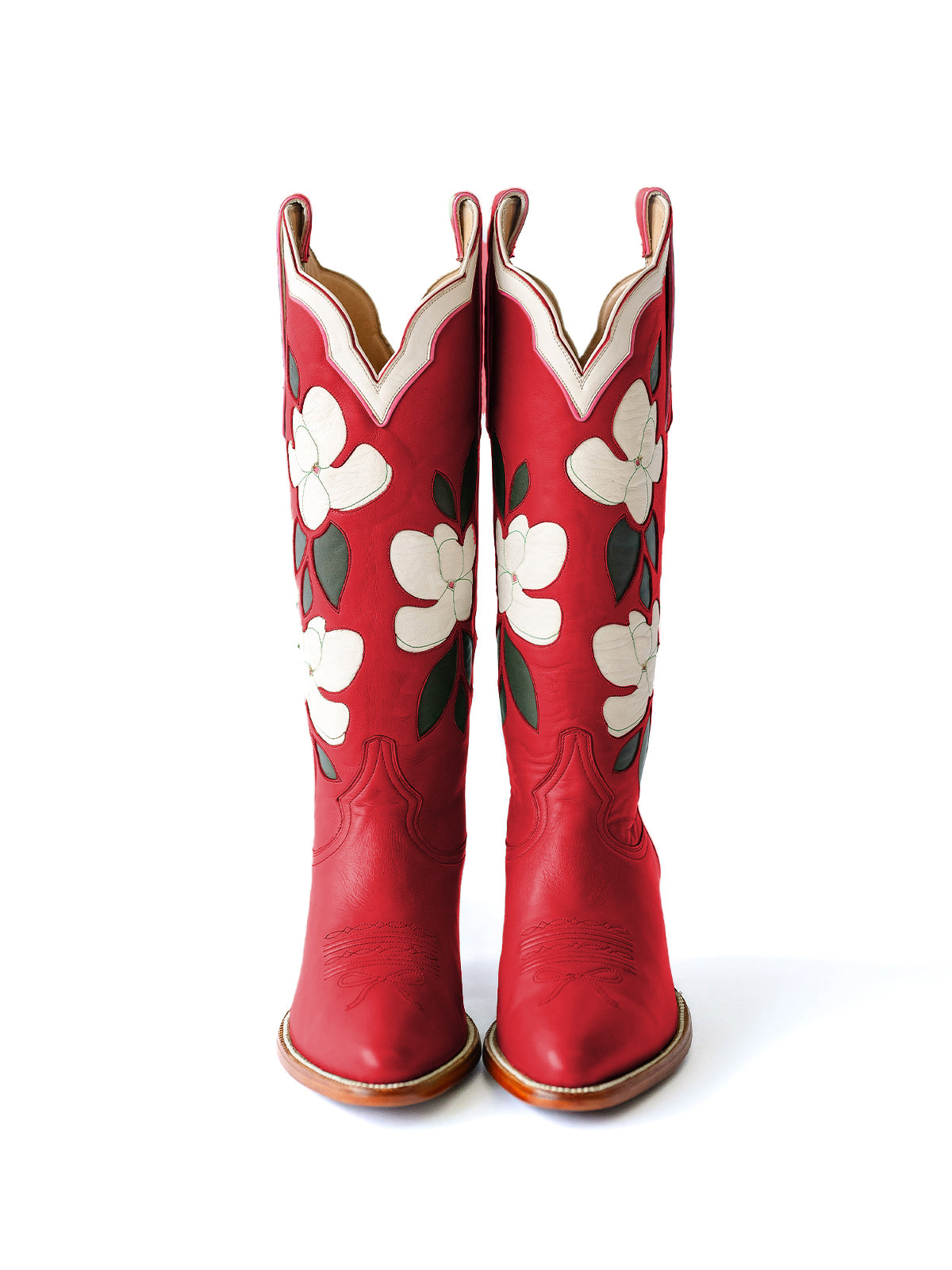 Red Almond-Toe White Flower Inlay Wide Calf Knee High Cowgirl Boots