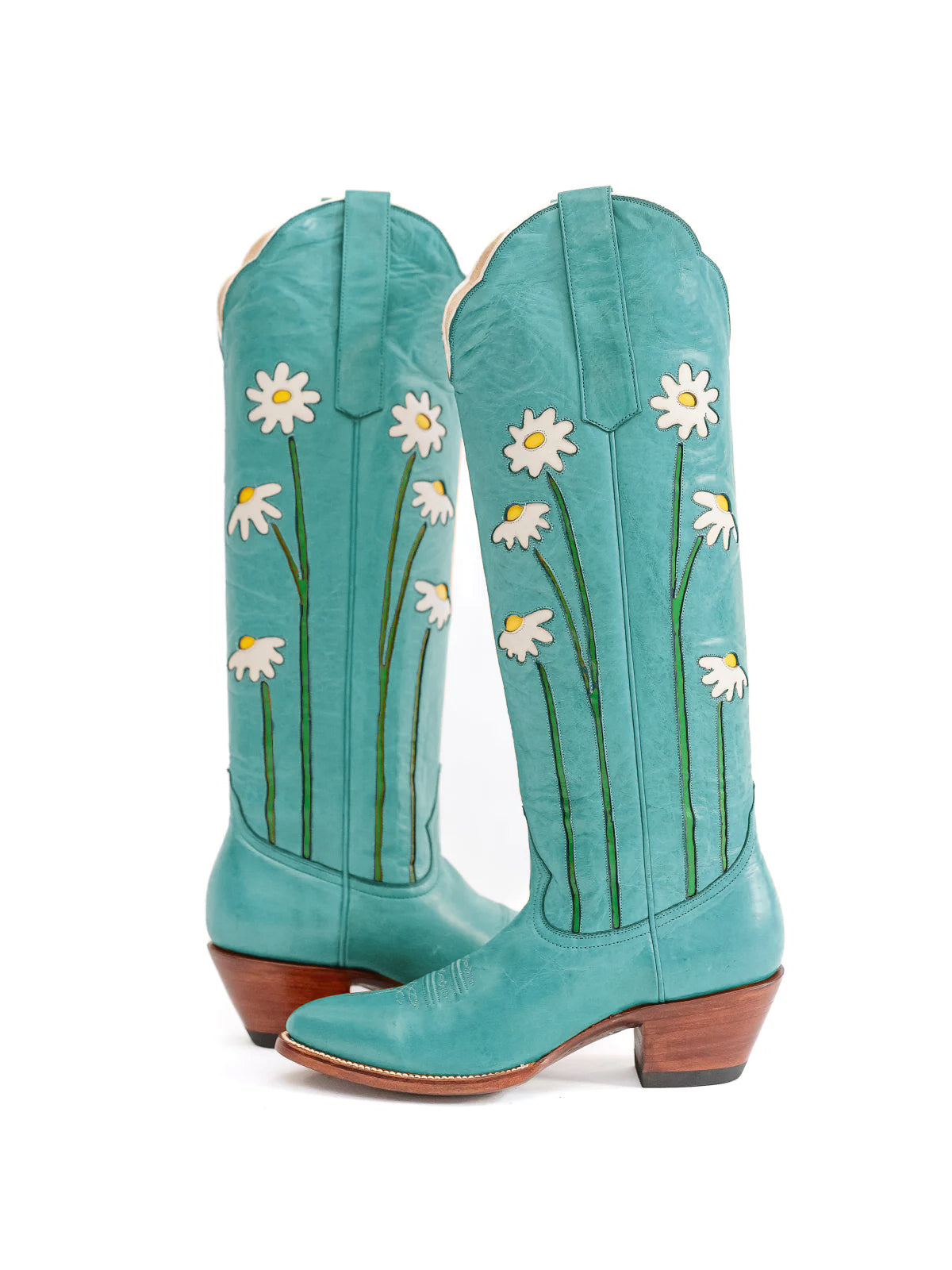 Teal Almond-Toe Wide Calf Western Boots Knee High Tall Boots With Floral Inlay