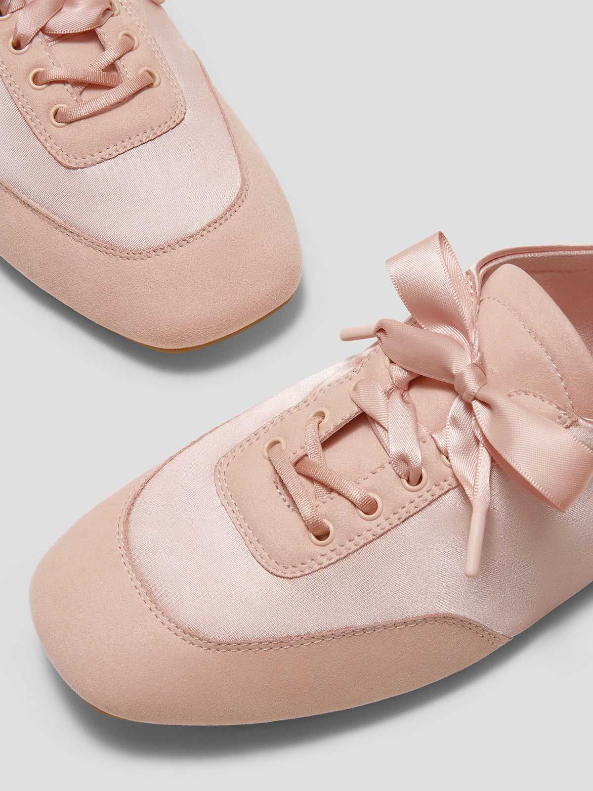 Peach Satin And Faux Suede Square-Toe Floral Embroidery Lace-Up Flats