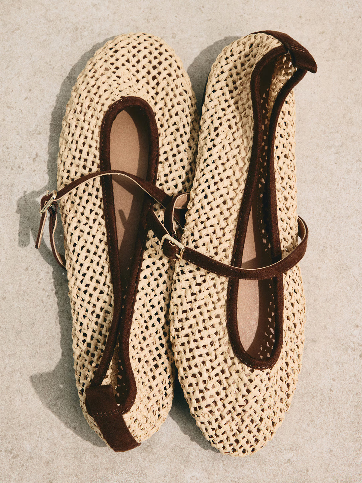 Beige Grass Woven Round-Toe Mary Jane Chic Ballet Flats