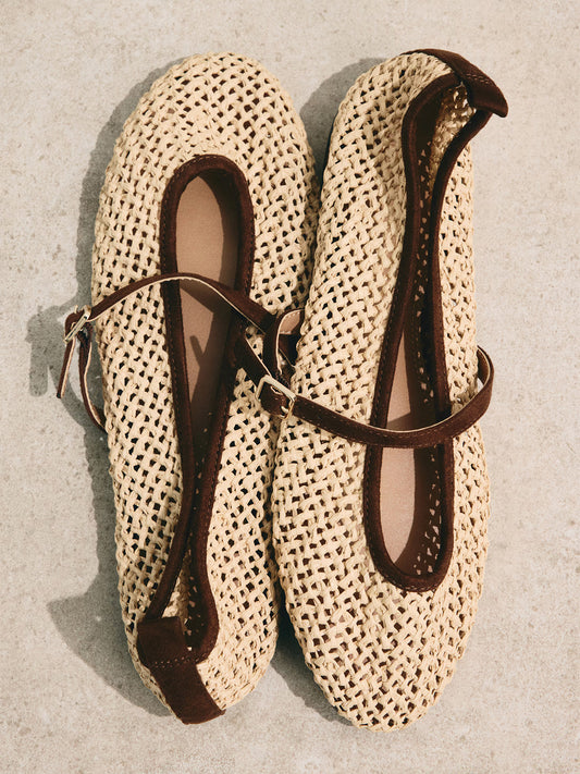 Beige Grass Woven Round-Toe Mary Jane Chic Ballet Flats