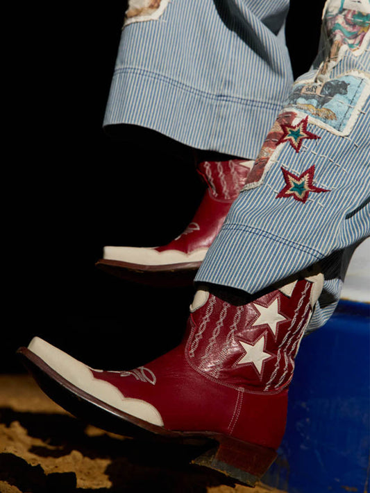 Snip-Toe Stars Inlay Chic Embroidery Ankle Cowgirl Boots - Red And Ivory