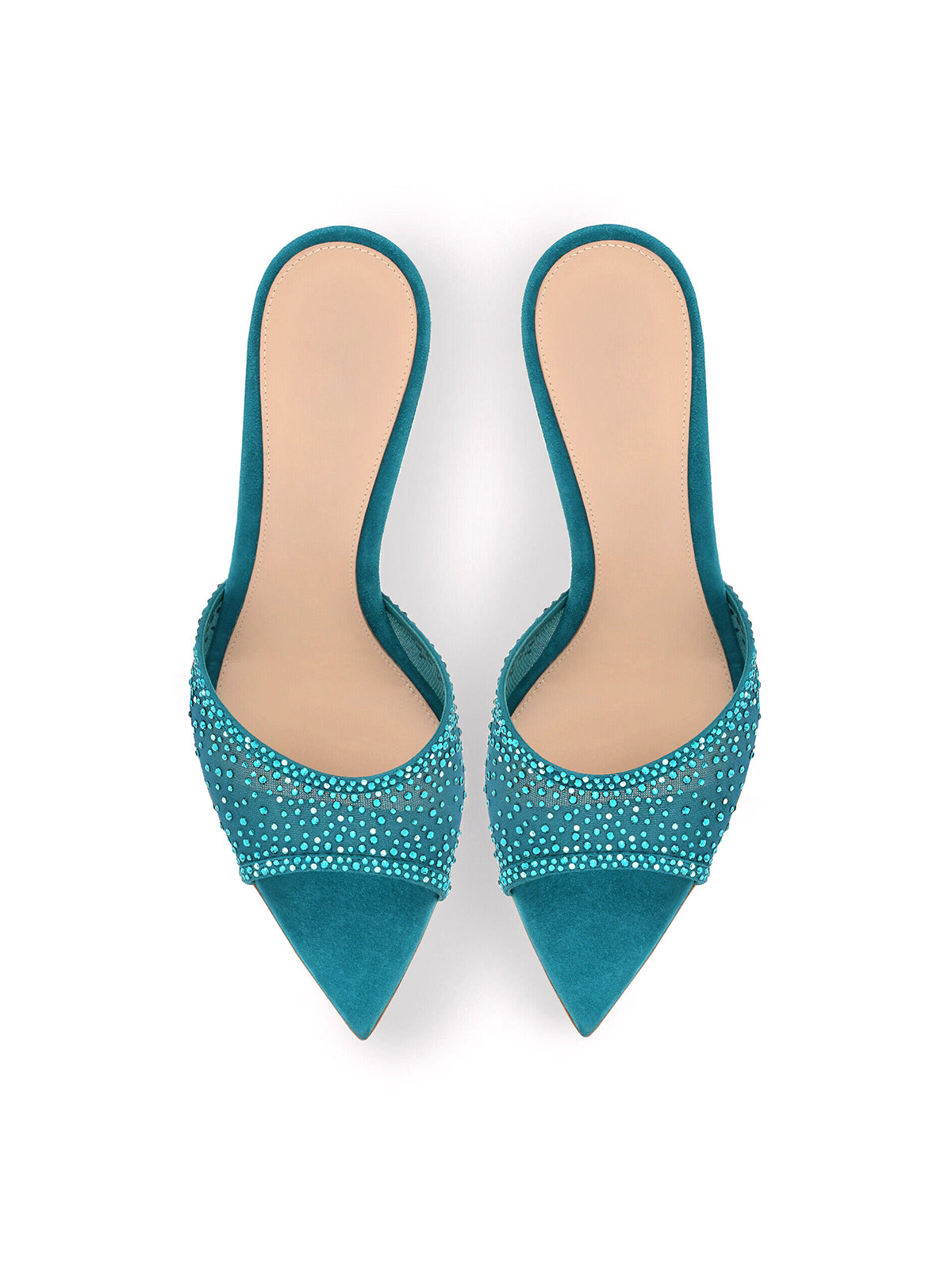 Rhinestones Mesh Open Pointed-Toe Backless Slip-On High Heels – Light Blue