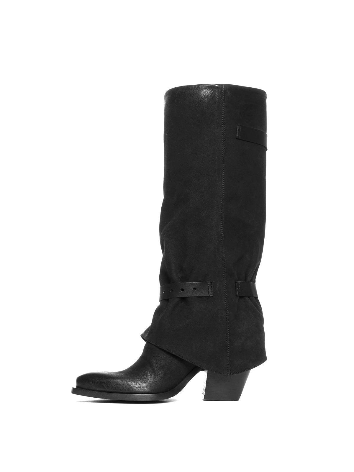 Black Faux Suede Snip-Toe Bottom Zipper Fold-Over Buckle Knee High Cowgirl Boots