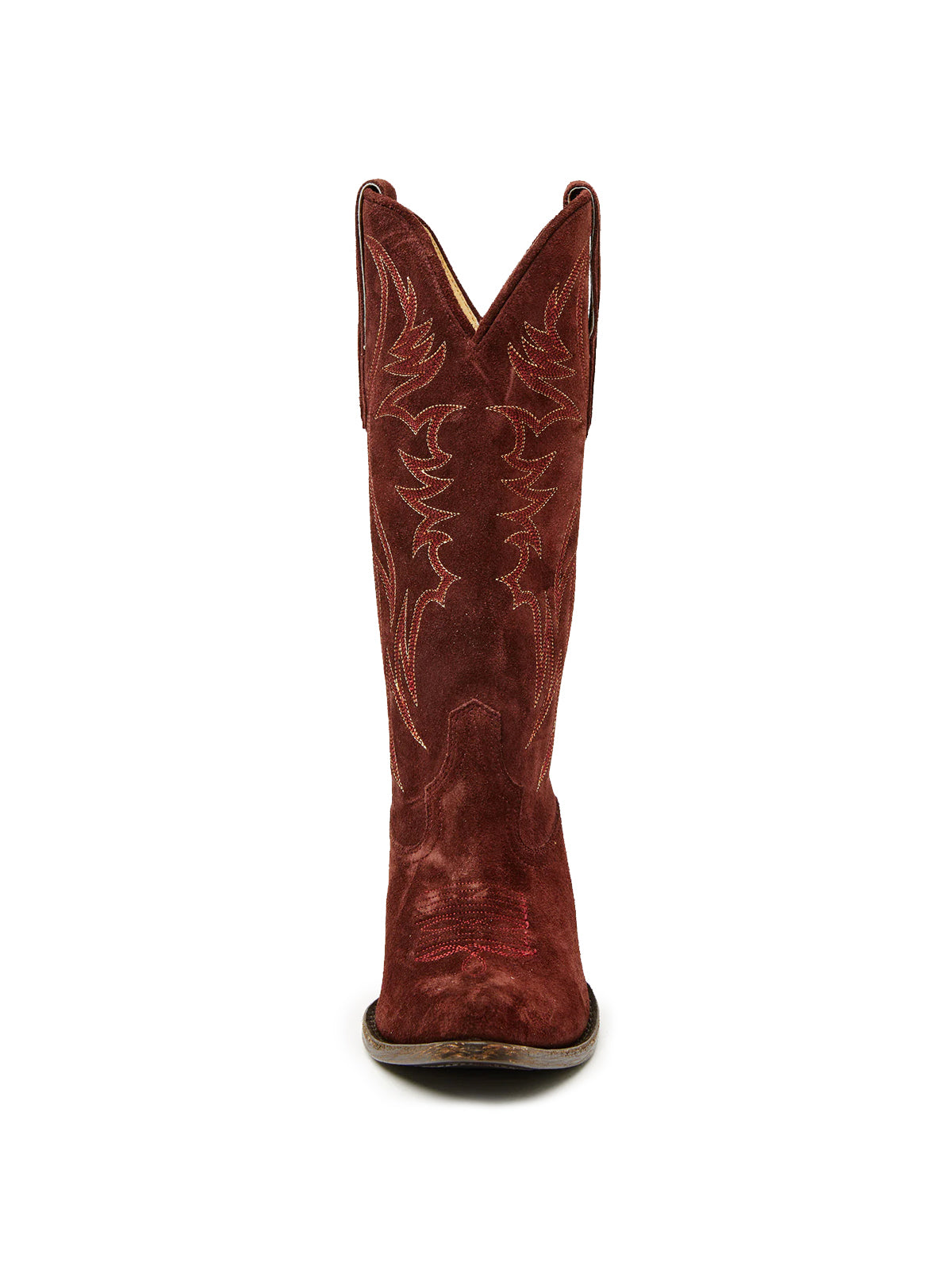 Faux Suede Wings Embroidery Pointed-Toe Mid Calf Cowgirl Boots - Wine Red