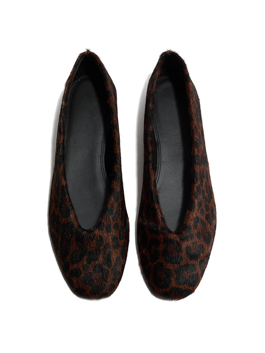 Leopard Print Pony Hair Vegan Leather Square-Toe Slip-On Ballet Flats