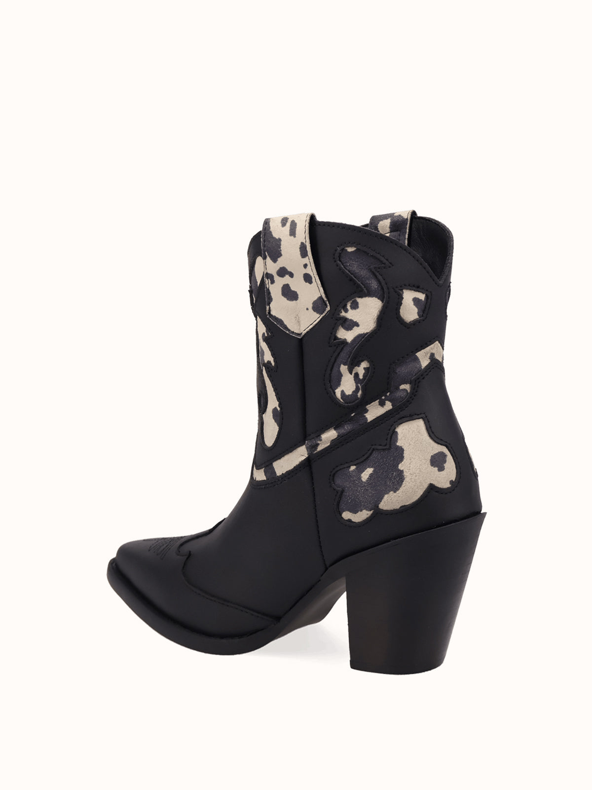 Black And Cow Pattern Snip-Toe Sleek Ankle Cowgirl Boots