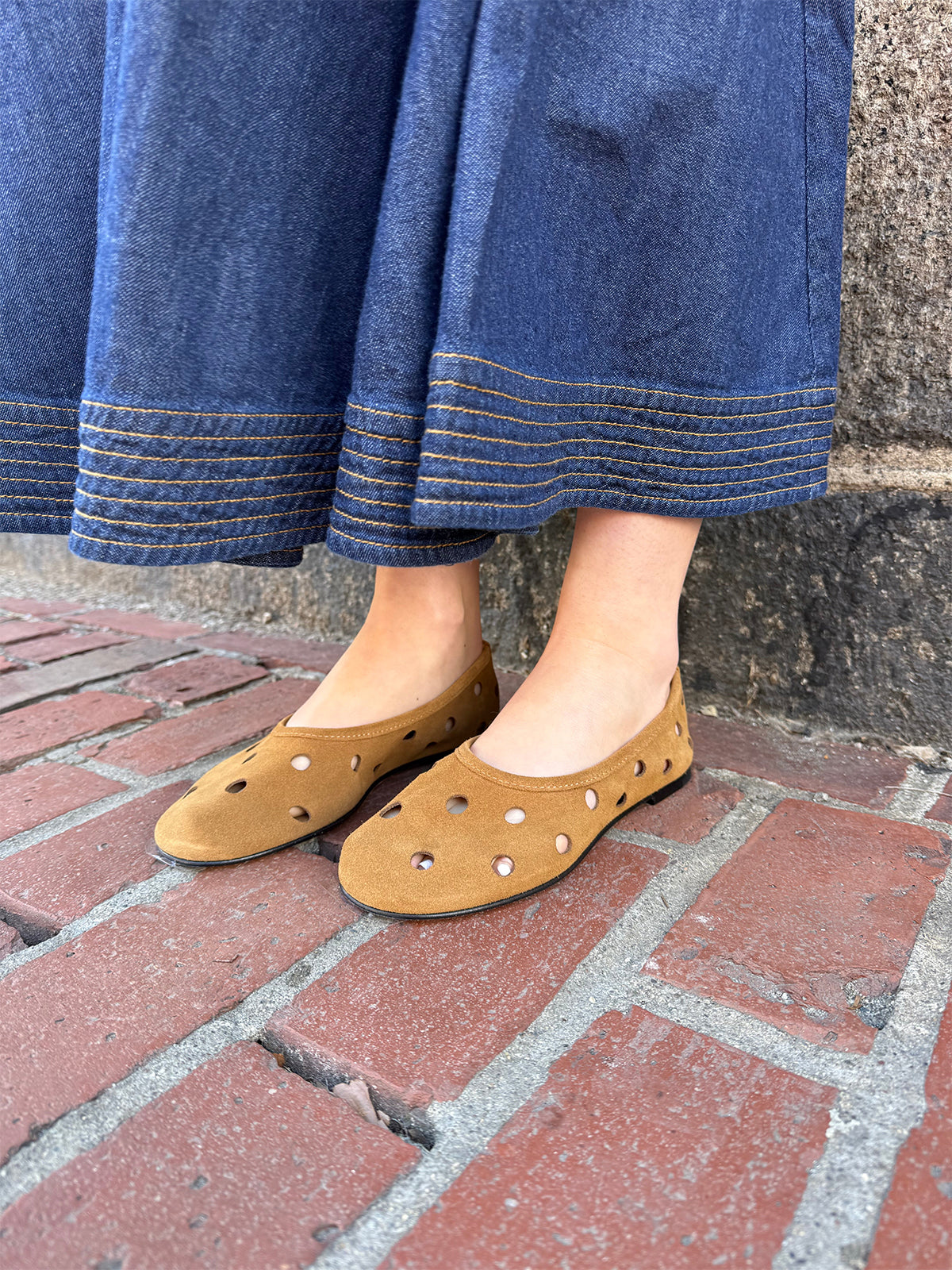 Caramel Cow Suede Round-Toe Cutout Slip-On Ballet Flats