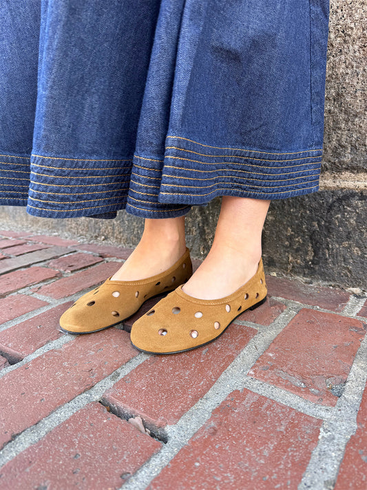 Caramel Cow Suede Round-Toe Cutout Slip-On Ballet Flats