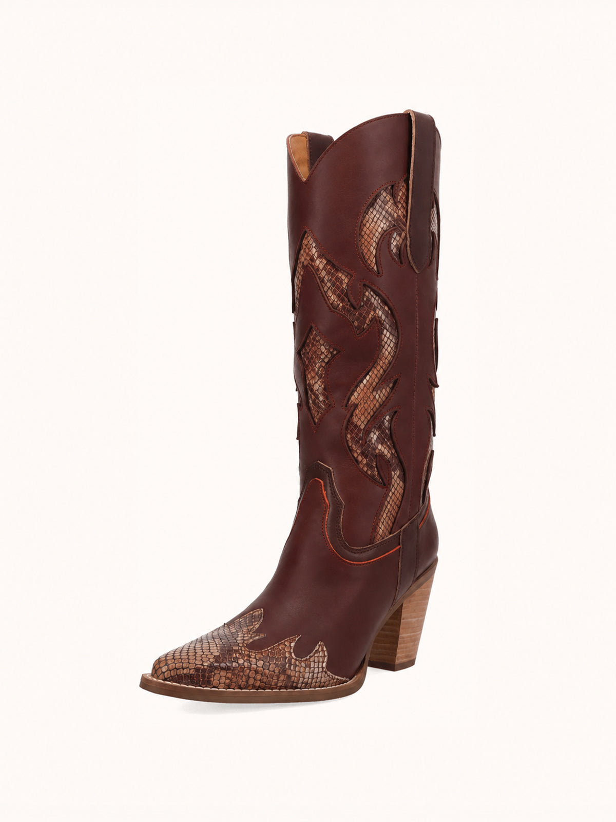 Contrast Burgundy And Cow Pattern Snip-Toe Mid Calf Cowgirl Boots