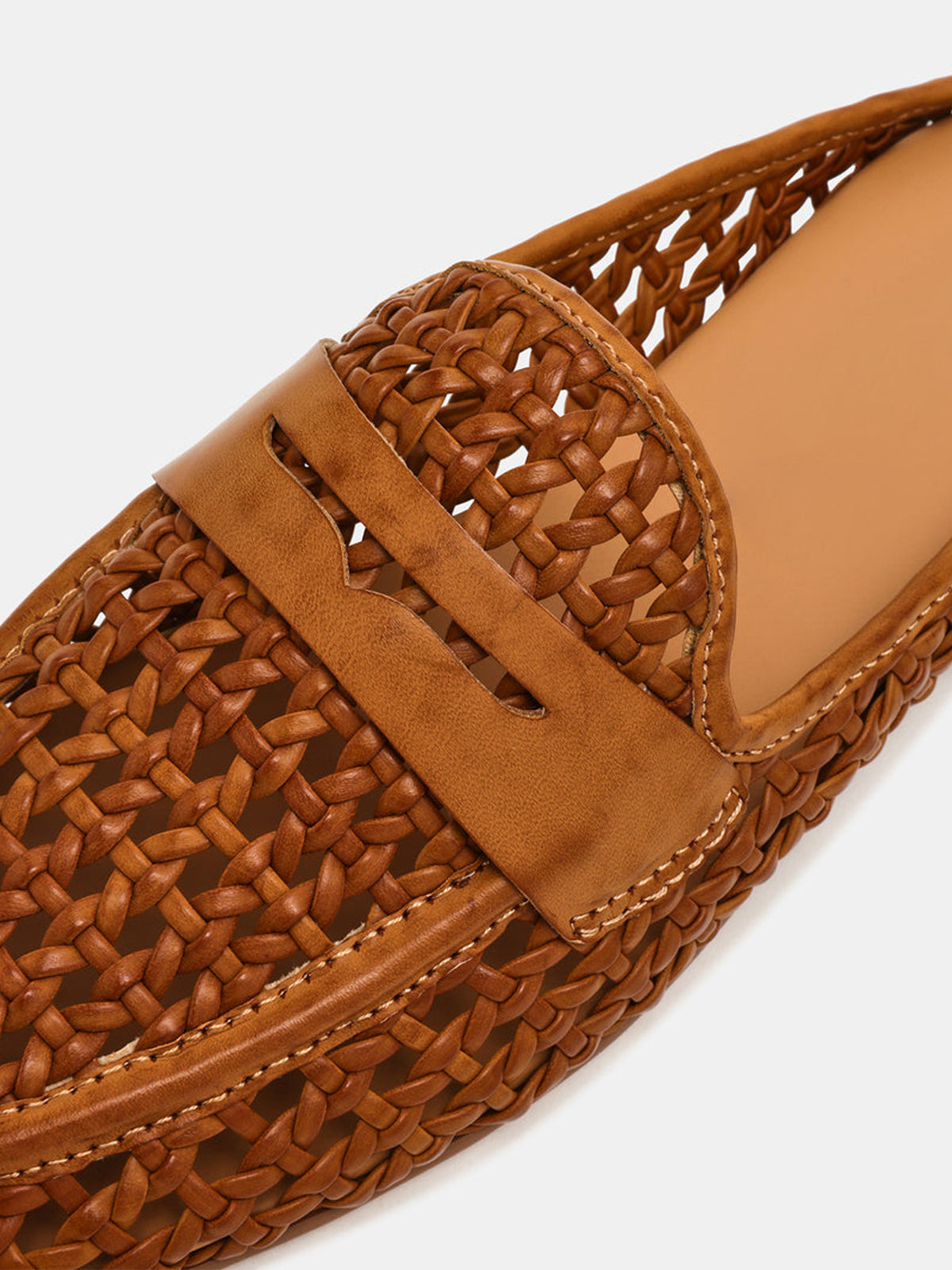 Brown Woven Vegan Leather Round-Toe Backless Simple Flats
