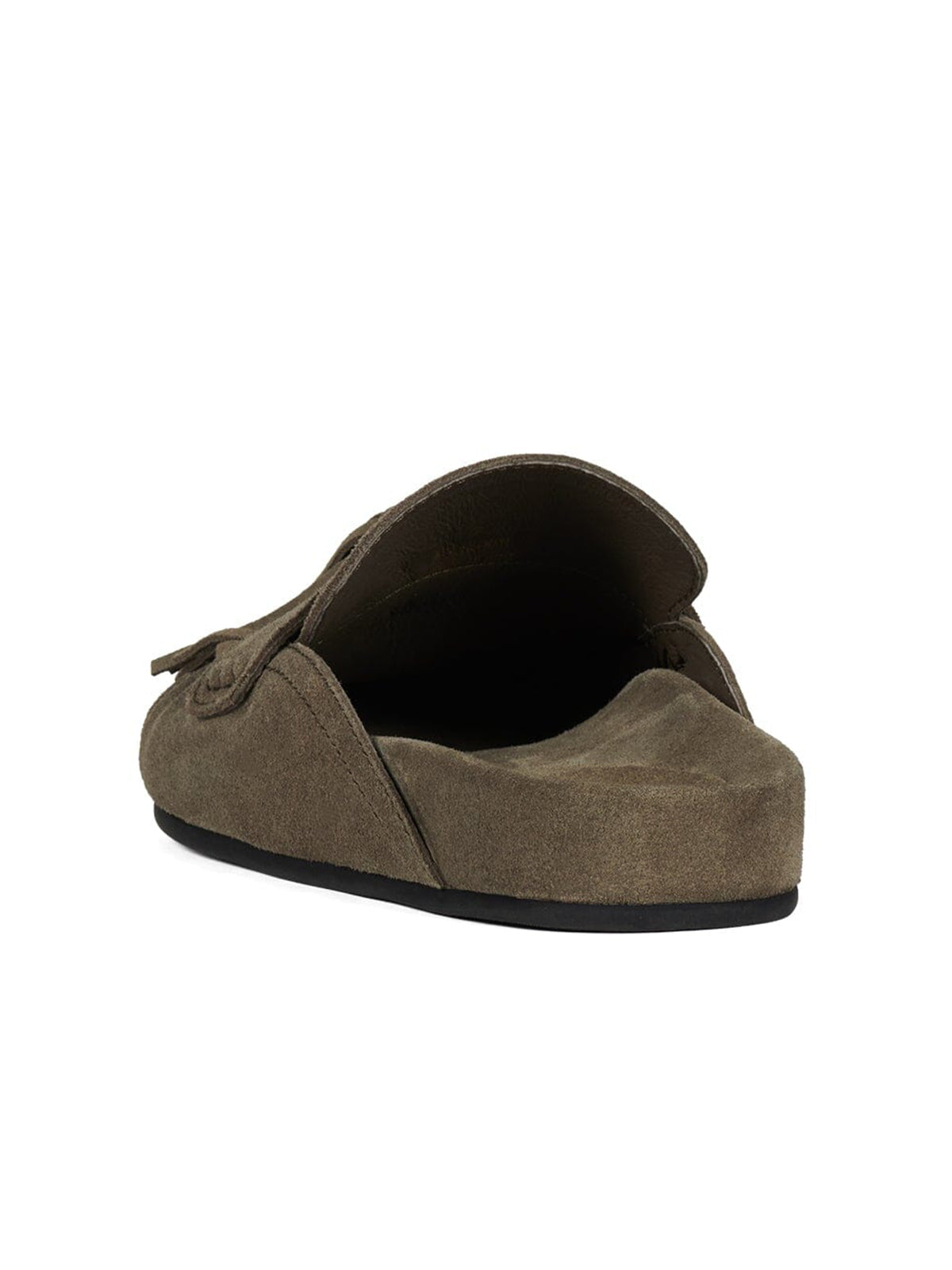 Light Khaki Faux Suede Round-Toe Front Fringe Backless Slip-On Flats