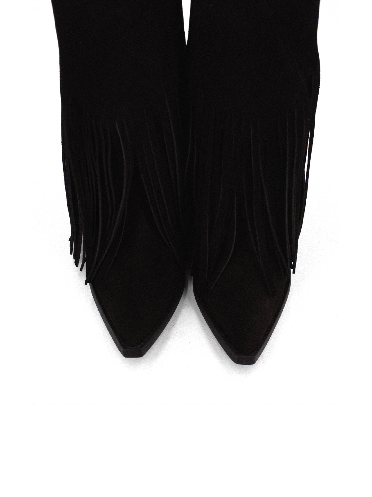 Black Faux Suede Pointed-Toe Fringe Mid Calf Cowgirl Boots