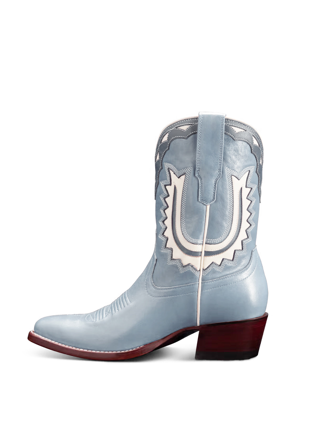 Light Blue Almond-Toe Horseshoe Inlay Cowgirl Ankle Boots