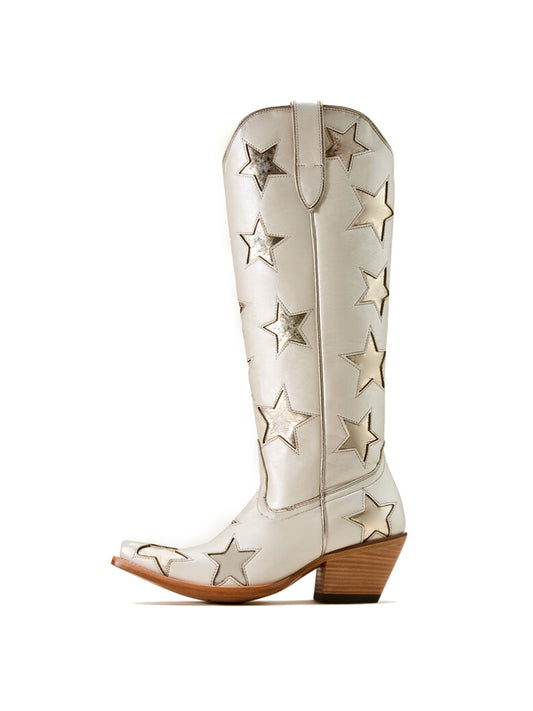 Ivory Snip-Toe Metallic Stars Inlays Chic Wide Calf Knee High Cowgirl Boots