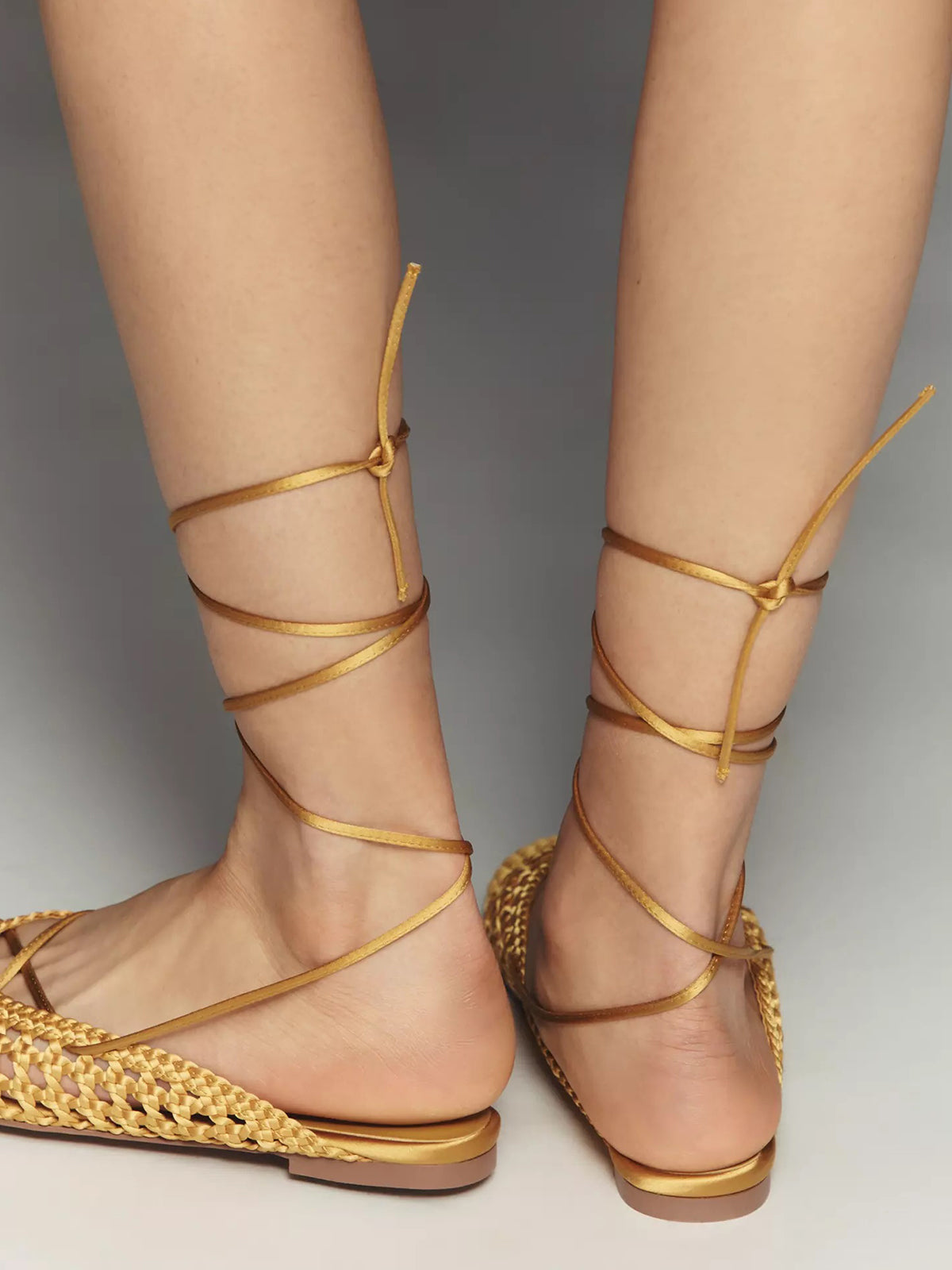 Yellow Nylon Rope Woven Square-Toe Ankle-Wrap Mules Flats