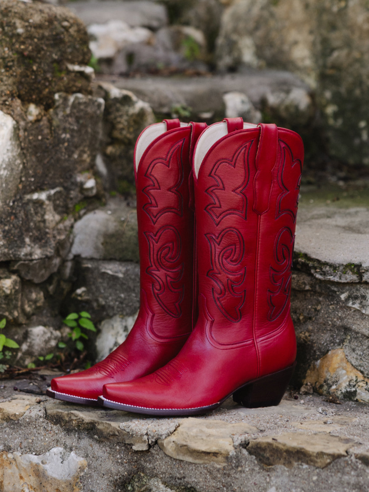 Red Snip-Toe Stylish Inlay Classic Mid Calf Cowgirl Boots