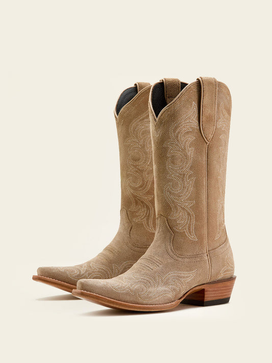 Taupe Faux Suede Snip-Toe Western Embroidery Mid Calf Cowgirl Boots