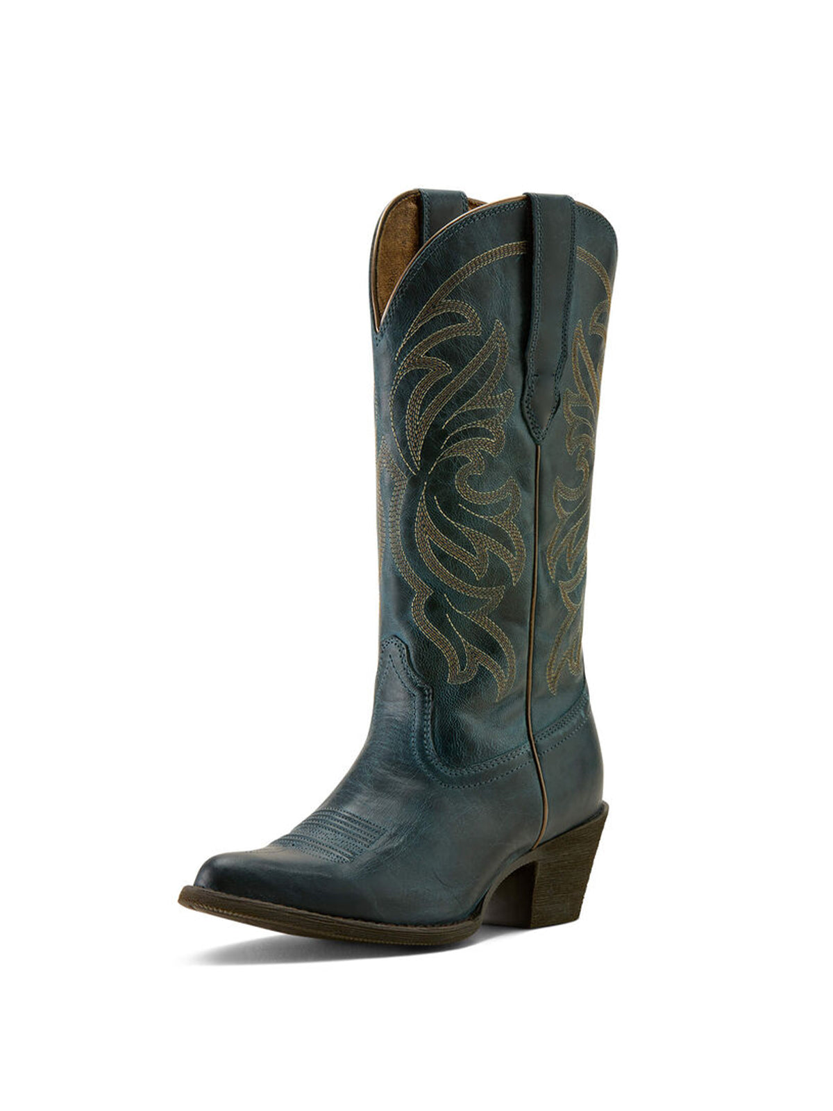Mid Calf Almond-Toe Embroidery Cowgirl Boots - Dark Denim Blue