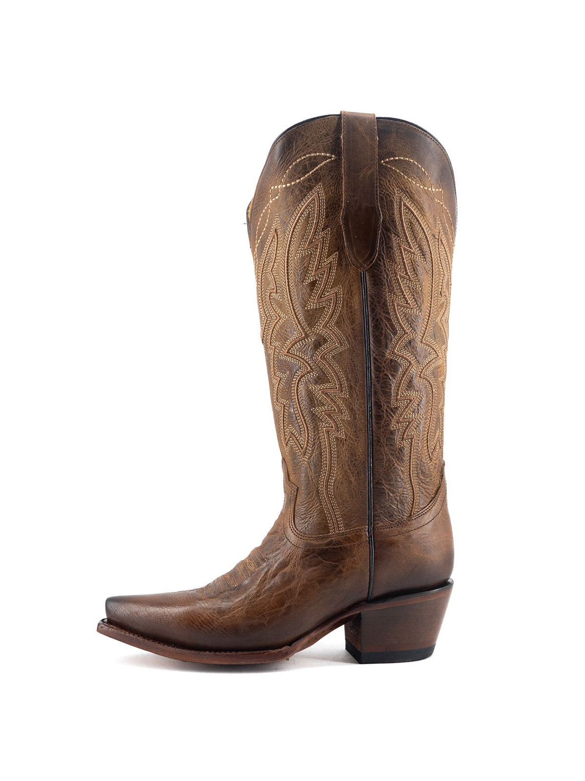 Western Snip-Toe Embroidery Half-Zip Mid Calf Cowgirl Boots - Dark Tan
