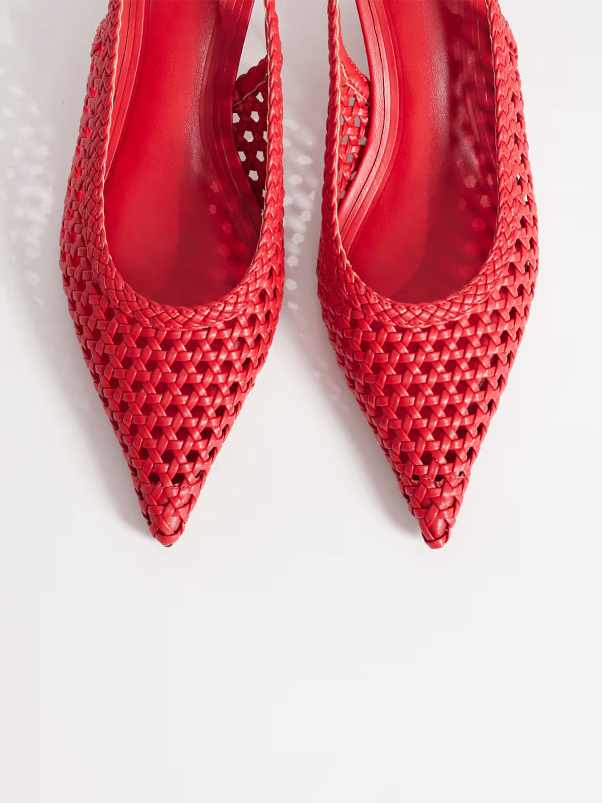 Red Woven Vegan Leather Pointed-Toe Classic Back Strap Kitten Heels