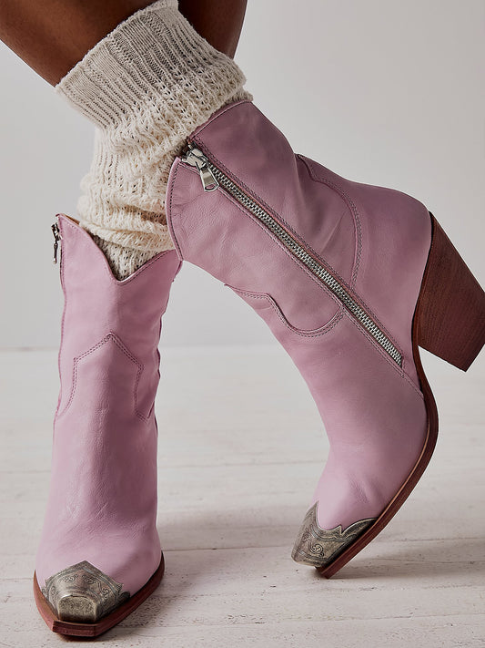Metal Snip-Toe Full-Zip Classic Cowgirl Ankle Boots - Rose Pink