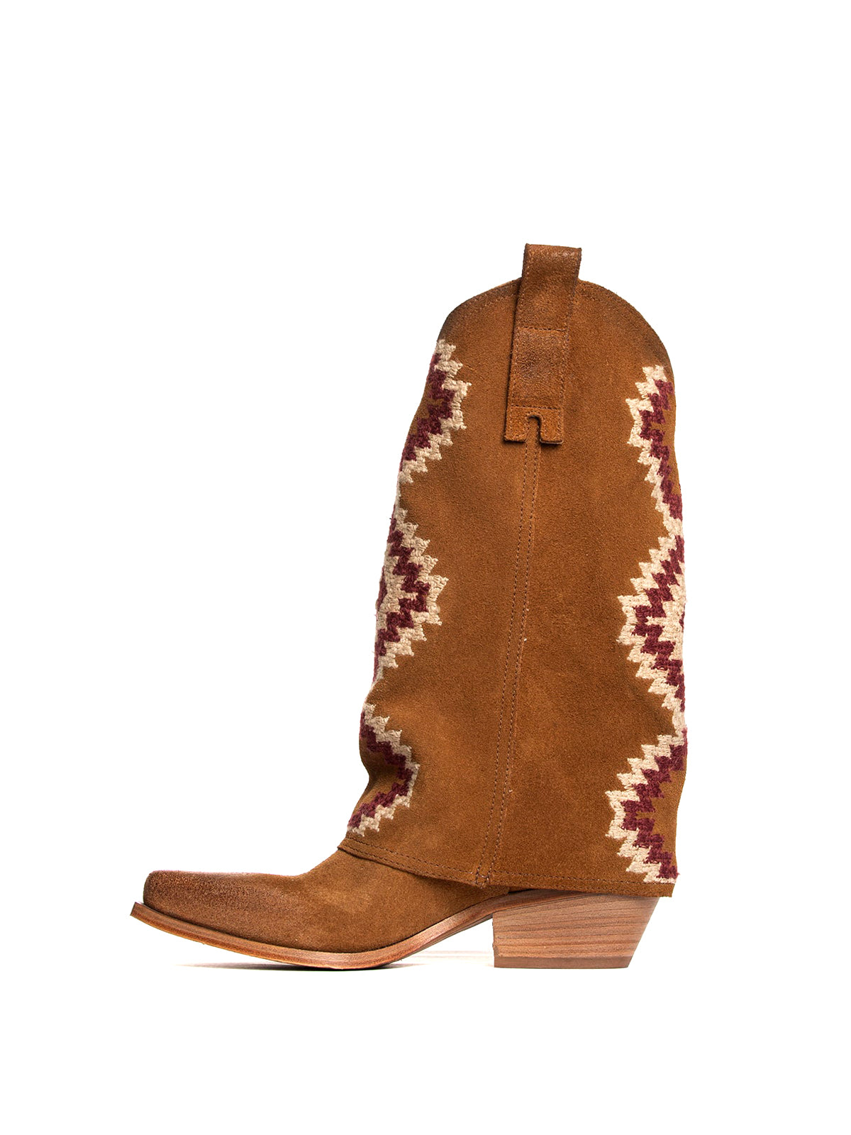 Side Fringe Snip-Toe Embroidery Fold-Over Mid Calf Cowgirl Boots - Brown Faux Suede