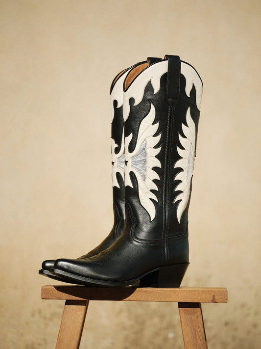 Black Snip-Toe White Eagle Inlay Wide Calf Knee High Tall Cowgirl Boots