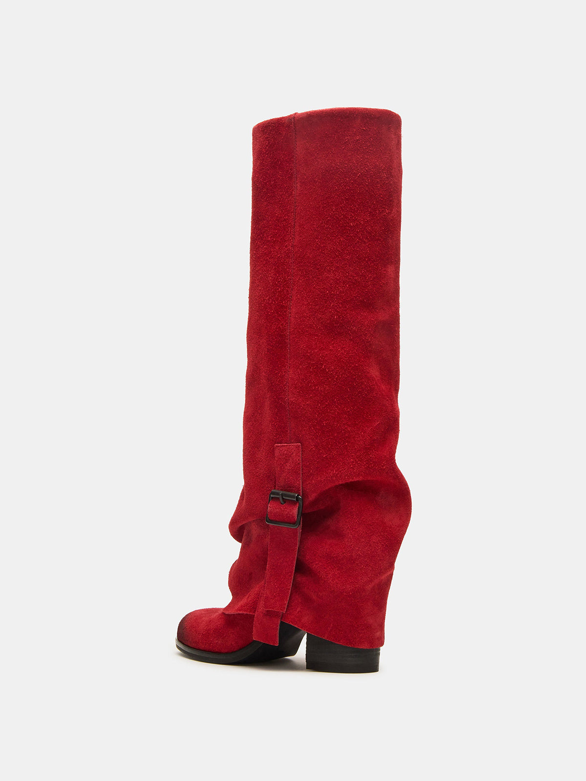 Red Faux Suede Round-Toe Fold-Over Adjustable Buckle Knee High Cowgirl Boots