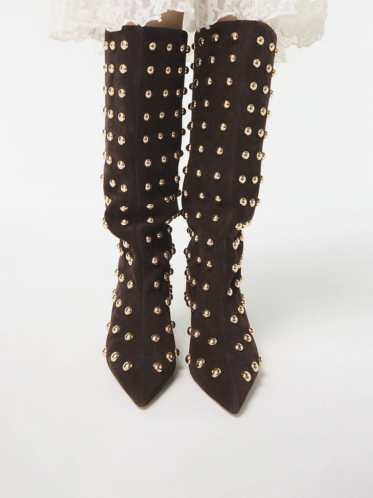 Brown Faux Suede Pointed-Toe Full Studs Wide Calf Knee High Stiletto Boots