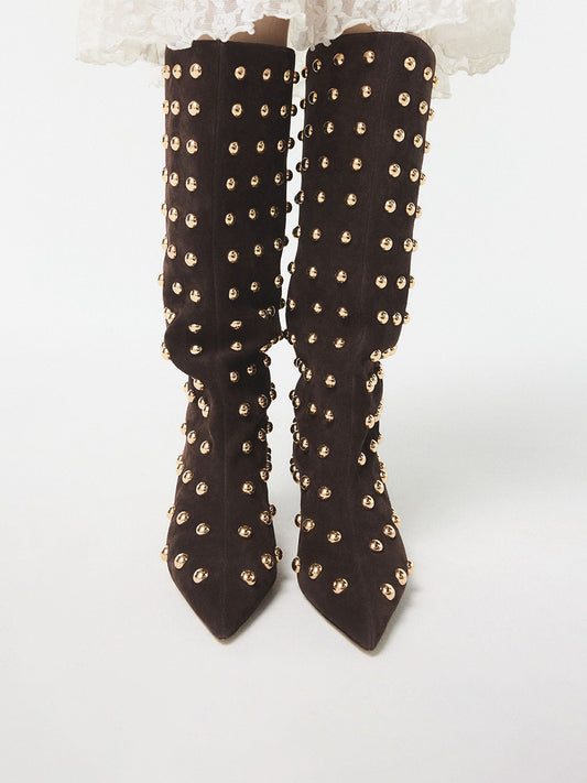 Brown Faux Suede Pointed-Toe Full Studs Wide Calf Knee High Stiletto Boots