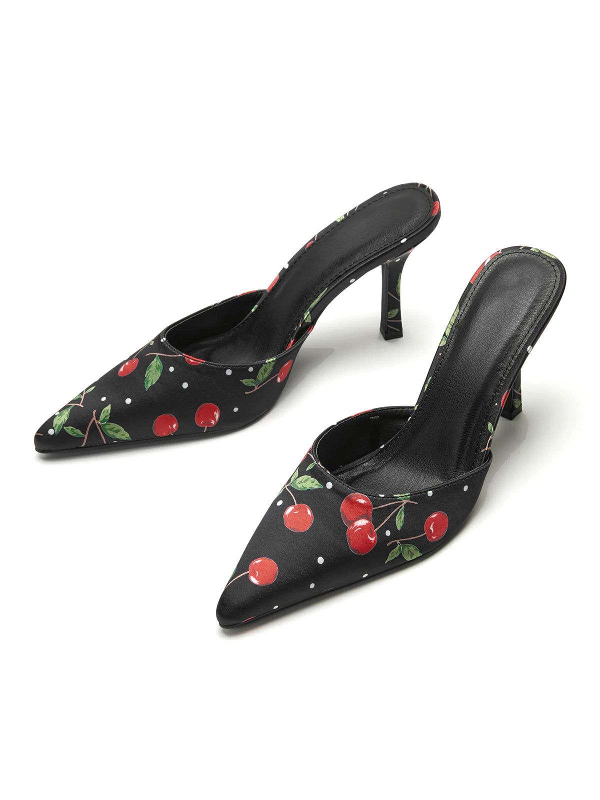 Black Satin Pointed-Toe Cherry Pattern Slip-On High Heels