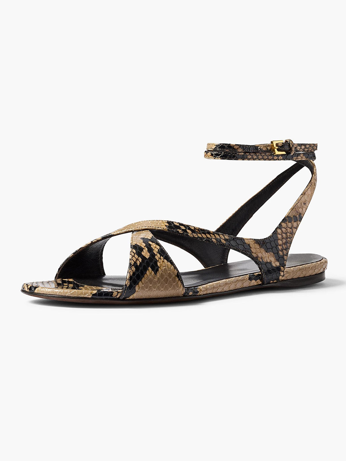 Snakeskin Pattern Square-Toe Crossed Straps Back And Ankle Strap Flats