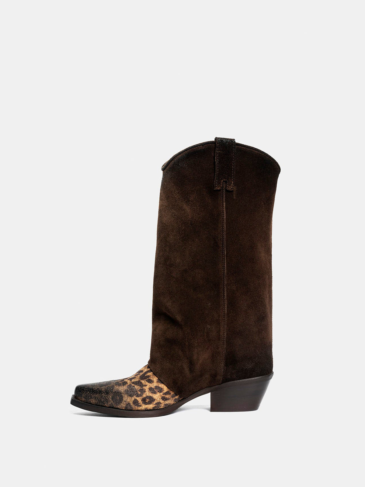 Contrast Dark Brown And Leopard Faux Suede Snip-Toe Simple Mid Calf Cowgirl Boots