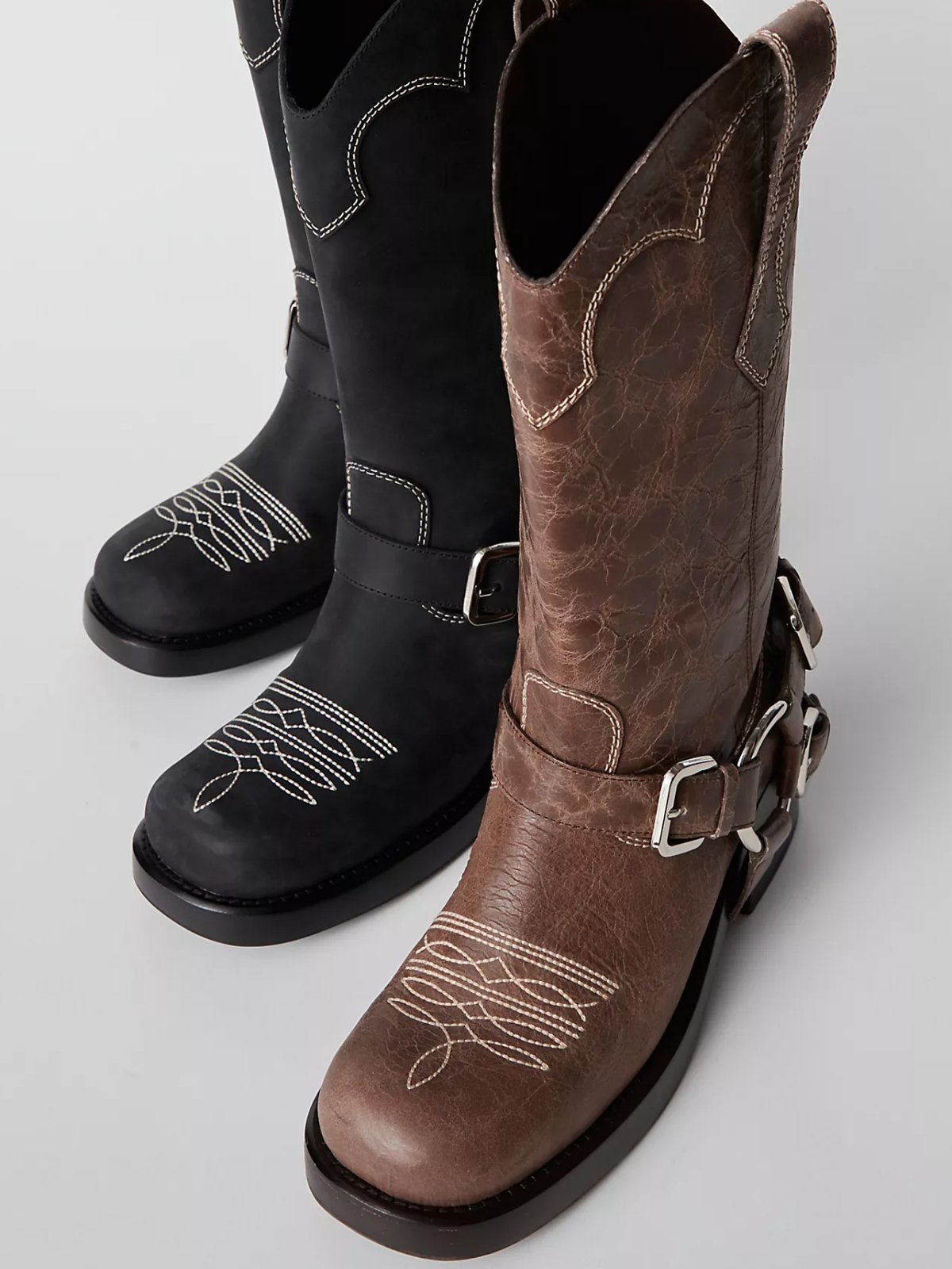 Distressed Brown Square-Toe Embroidery Chunky Harness And Buckle Wide Mid Calf Boots