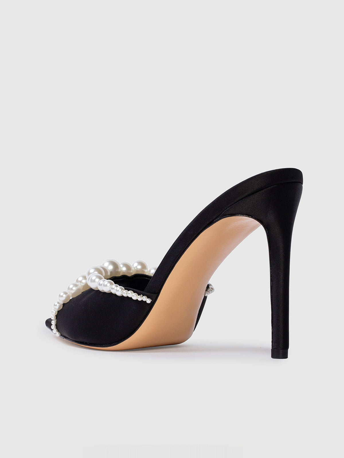 Black Satin Pointed-Toe Front Pearl High Heels