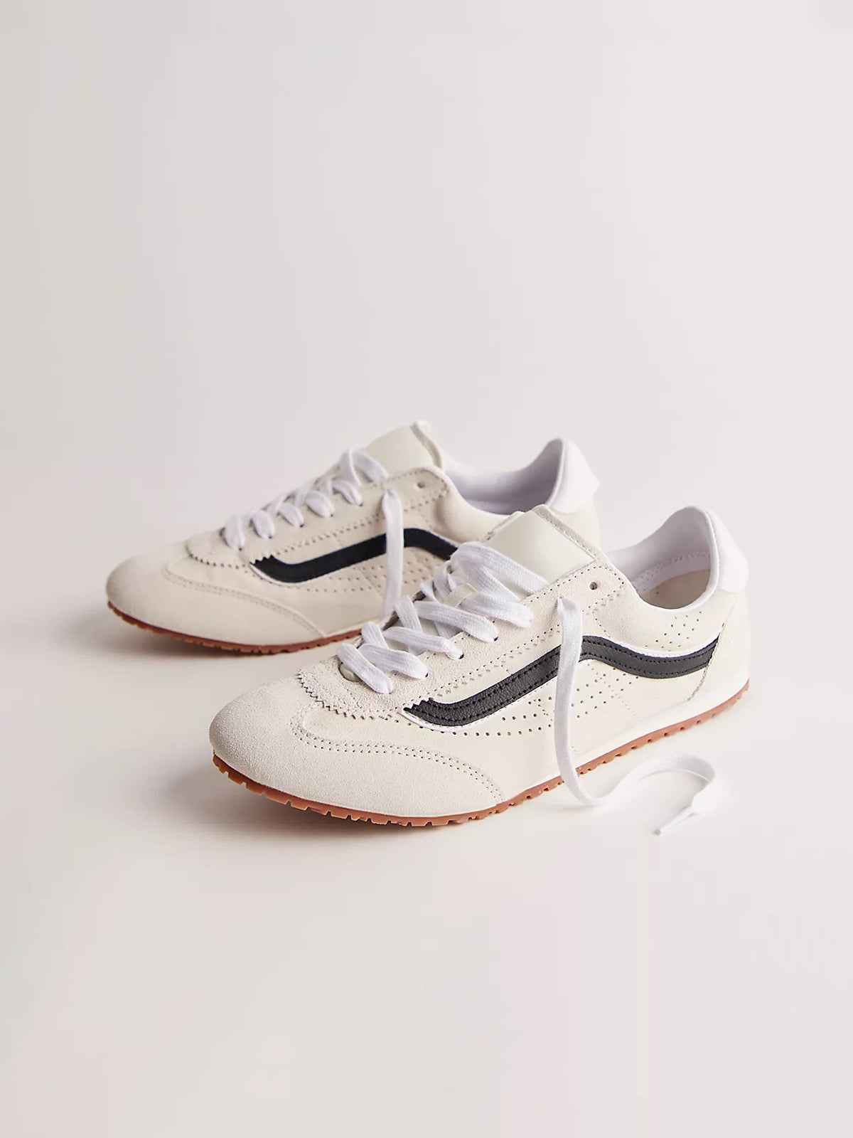 Cream Faux Suede Round-Toe Lace-Up Flats Sneakers