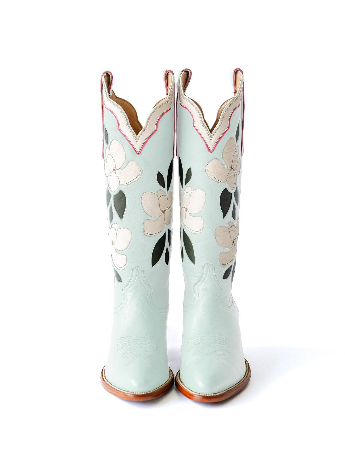 Mint Blue Almond-Toe White Flower Inlay Wide Calf Knee High Cowgirl Boots