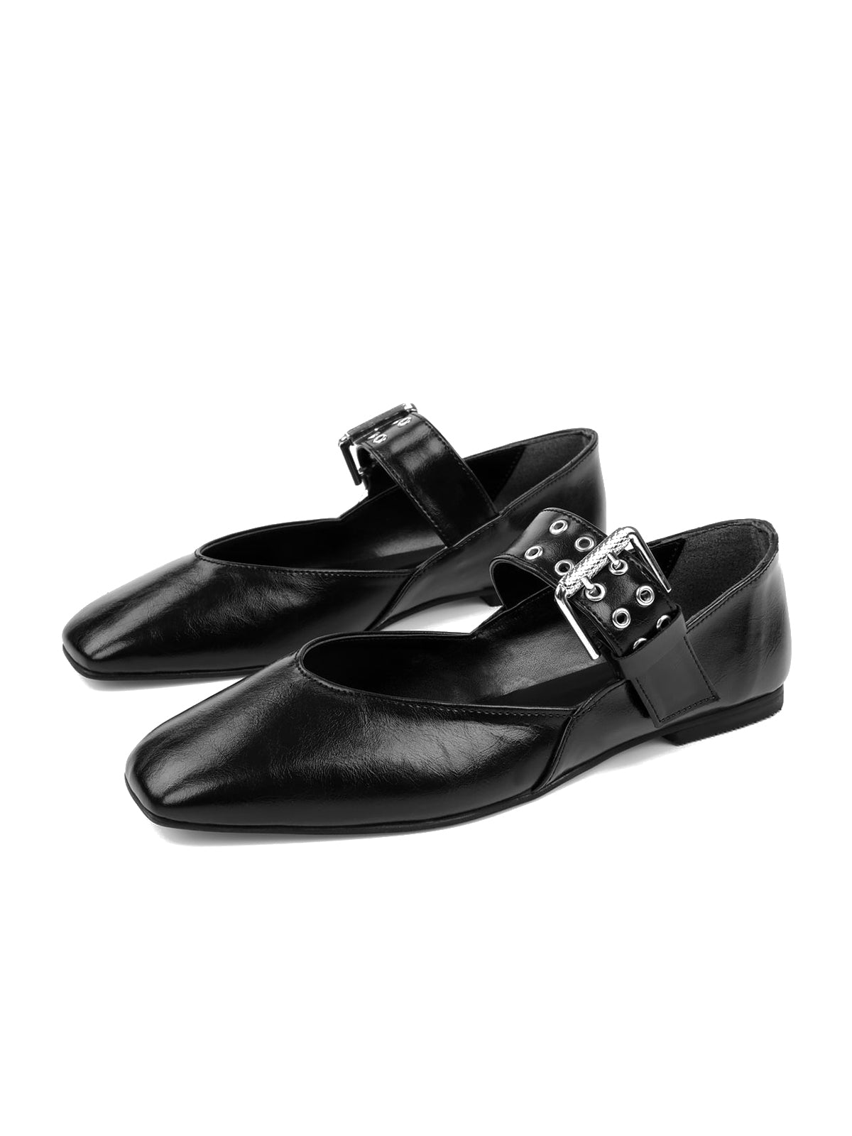 Black Square-Toe Buckle Bridge Strap With Eyelets Ballet Flats