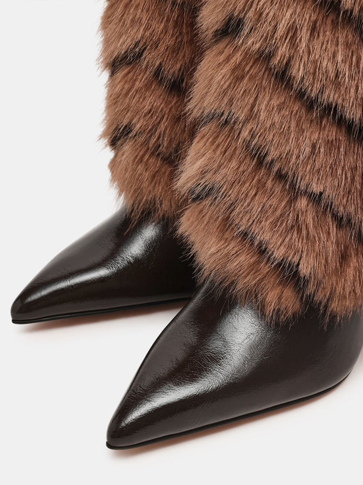 Tan And Black Pointed-Toe Plush Shaft Chic Wide Calf Knee High Stiletto Boots