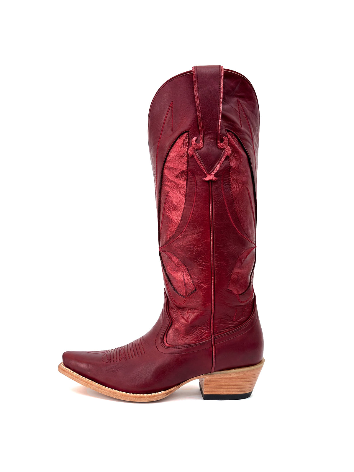 Red Snip-Toe Metallic Butterfly Inlay Wide Calf Knee High Cowgirl Boots