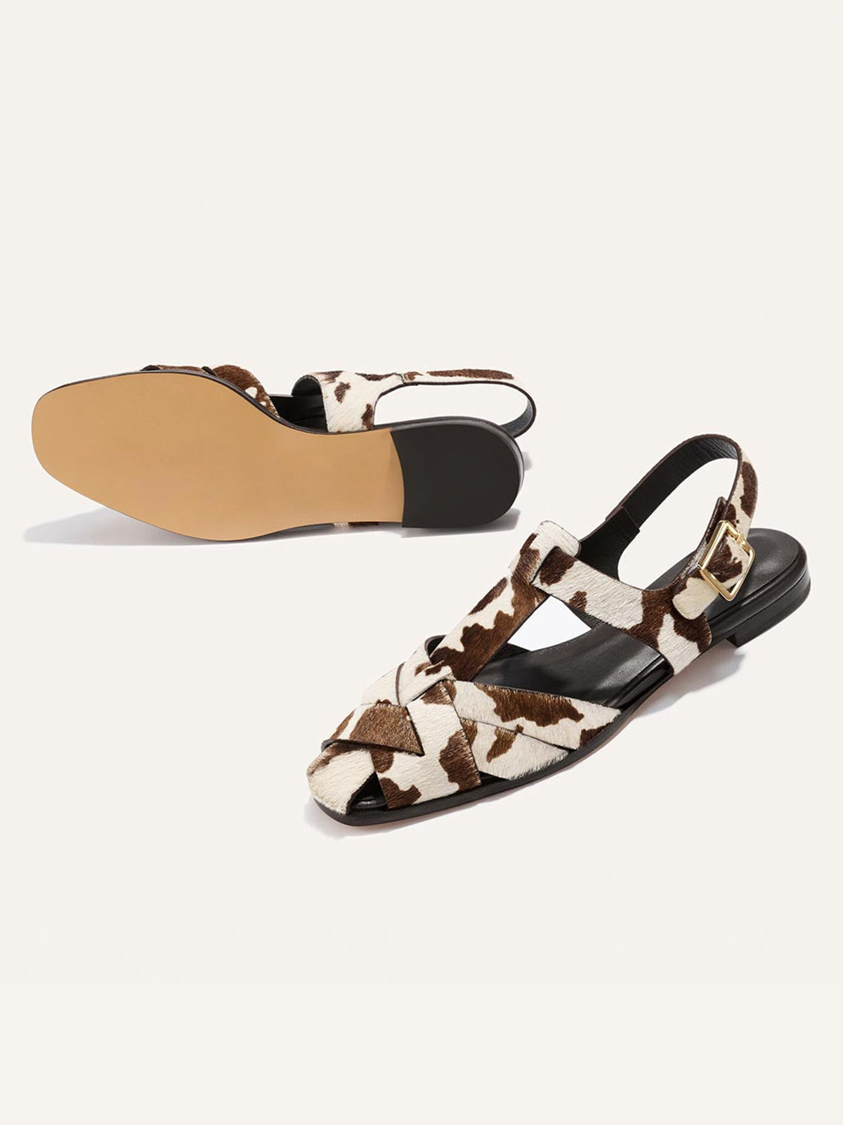 Cow Print Pony Hair Square-Toe Caged Fisherman Chic Flats