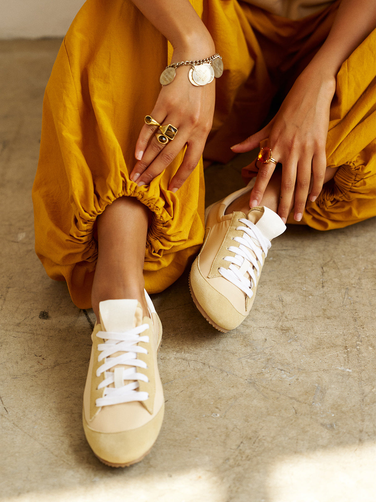 Cow Suede And Satin Round-Toe Lace-Up Chic Sneakers - Butter